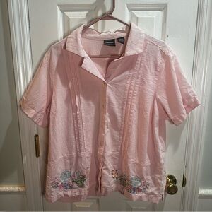Bobbie Brooks Pink Button Up Embroidered Gardening Shirt Grannycore 2XL